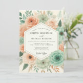 Peach Botanical Flourish Wedding Kaart (Staand voorkant)