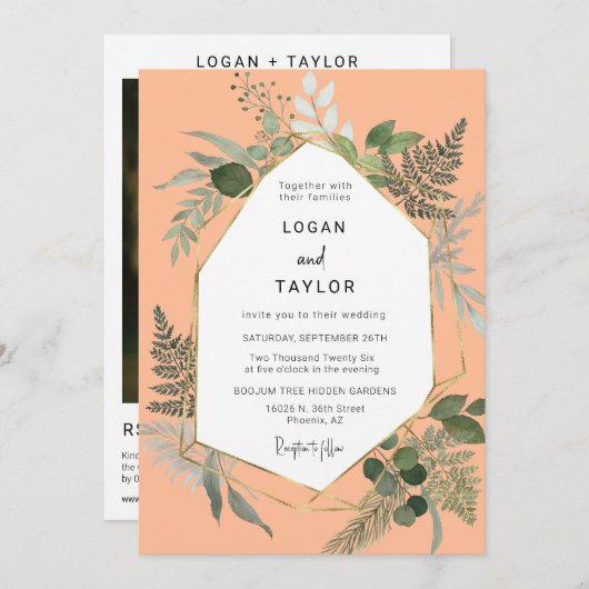 Peach Botanical Greenery Gold Lijst QR Code Foto Kaart (Voorkant / Achterkant)