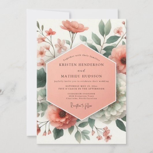 Peach Botanical Romance Wedding Kaart (Voorkant)
