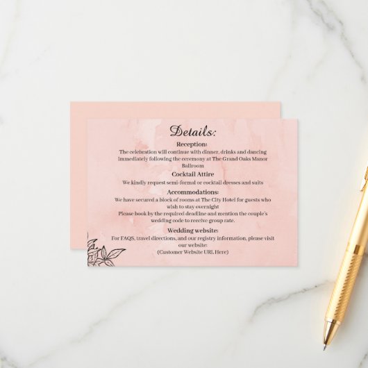  Peach Botanical Wedding Details Card Informatiekaartje (Voorkant / Achterkant in situ)