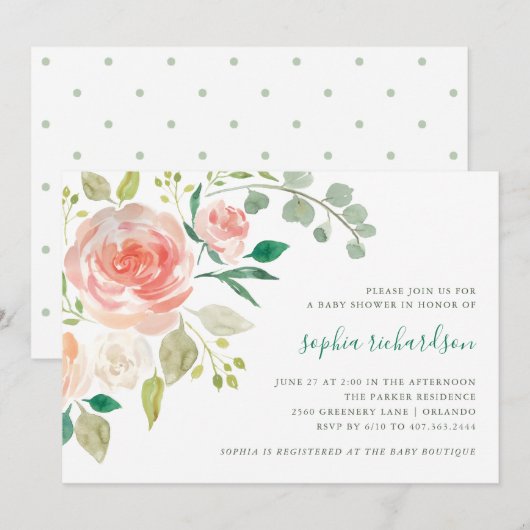 Peach Bouquet | Uitnodiging tot Baby shower (Voorkant / Achterkant)