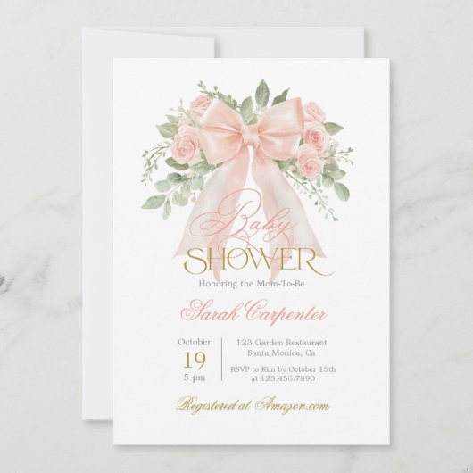 Peach Bow Baby shower Meisje uitnodiging (Voorkant)
