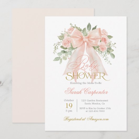 Peach Bow Baby shower Meisje uitnodiging (Voorkant / Achterkant)