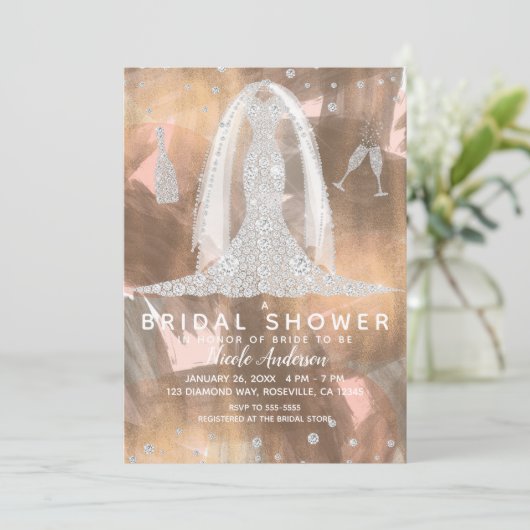 Peach Bronze Diamond Wedding Dress Vrijgezellenfee Kaart (Staand voorkant)