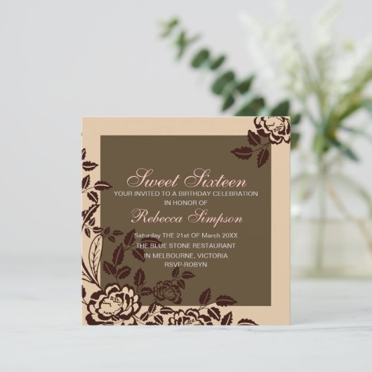 Peach & Brown Roos Sweet 16 verjaardagsuitnodiging Kaart (Staand voorkant)