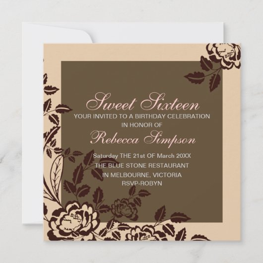 Peach & Brown Roos Sweet 16 verjaardagsuitnodiging Kaart (Voorkant)