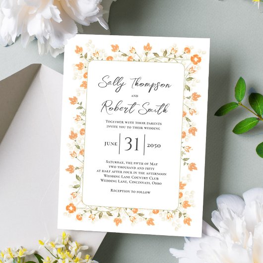 Peach Bruiloft Elegante kalligrafie Script Floral Kaart