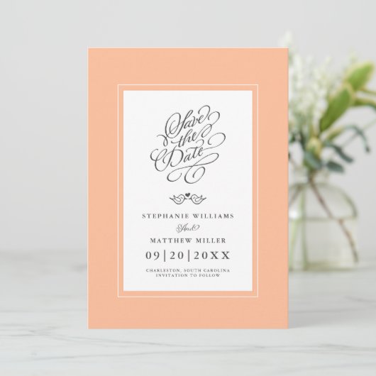 Peach bruiloft kalligrafie moderne printbare digit save the date (Staand voorkant)