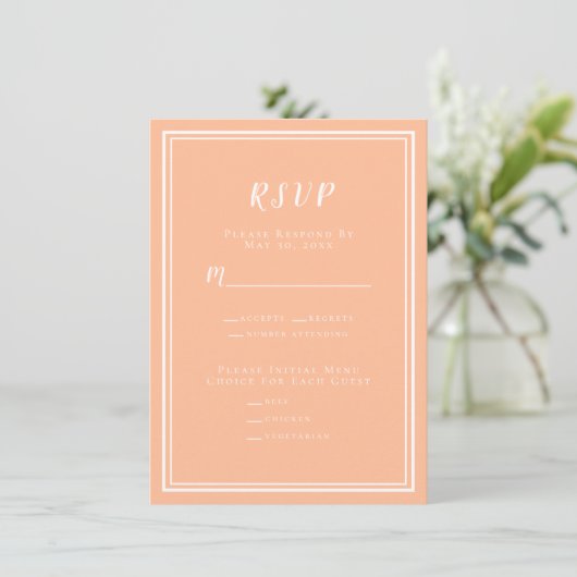 Peach Bruiloft Moderne RSVP Menu Respons Behuizing (Staand voorkant)
