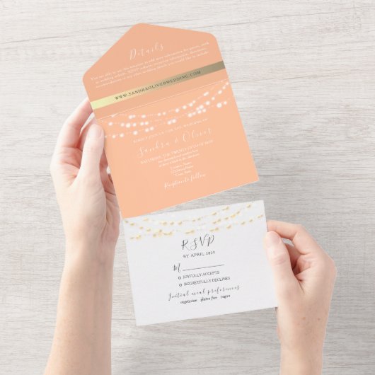 Peach bruiloft uitnodiging met strijklichten (Afscheurbaar)