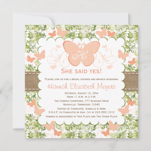 Peach Burlap Butterfly Bridal Shower Invitations Kaart (Voorkant)