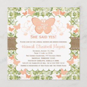 Peach Burlap Butterfly Bridal Shower Invitations Kaart