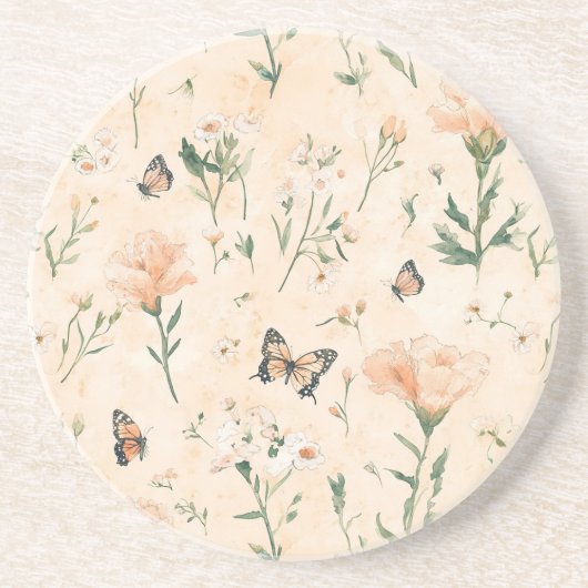 Peach Butterflies Floral Zandsteen Onderzetter (Voorkant)