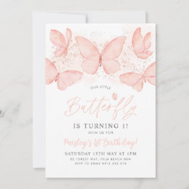 Peach Butterfly 1st Birthday Invitation Baby Girl Kaart