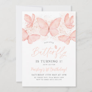 Peach Butterfly 1st Birthday Invitation Baby Girl Kaart