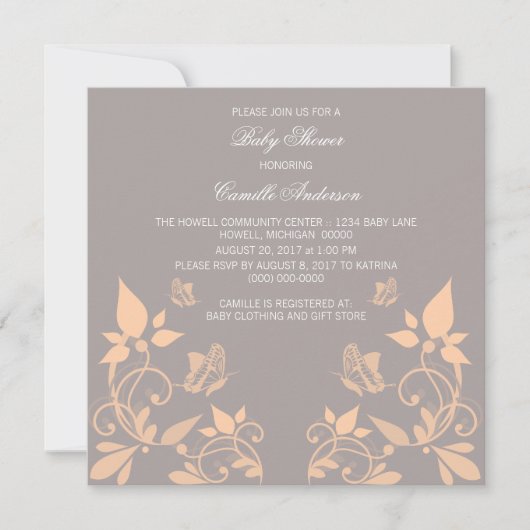 Peach Butterfly Floral Baby shower Invite Kaart (Voorkant)