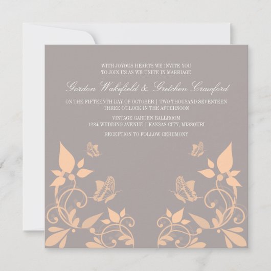 Peach Butterfly Floral Wedding Invite Kaart (Voorkant)