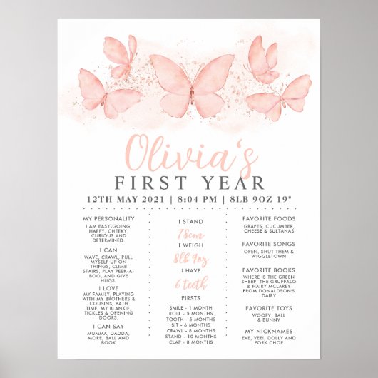 Peach Butterfly Girls 1st Birthday Milestone Poster (Voorkant)