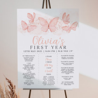 Peach Butterfly Girls 1st Birthday Milestone Poster