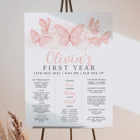 Peach Butterfly Girls 1st Birthday Milestone Poster