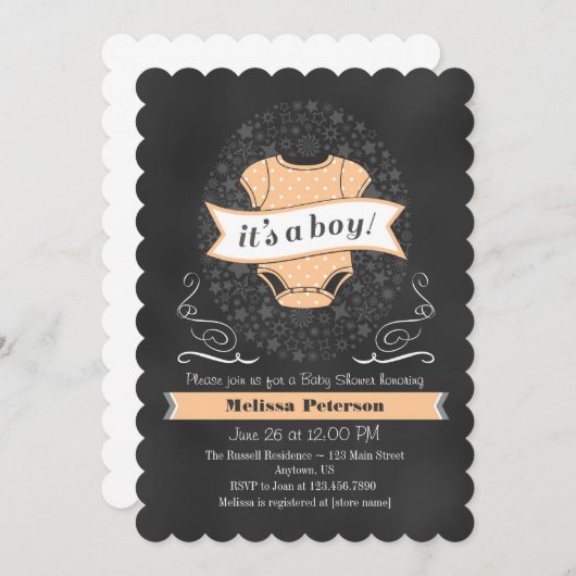 Peach Chalkboard Boy Baby shower Invite Kaart (Voorkant / Achterkant)