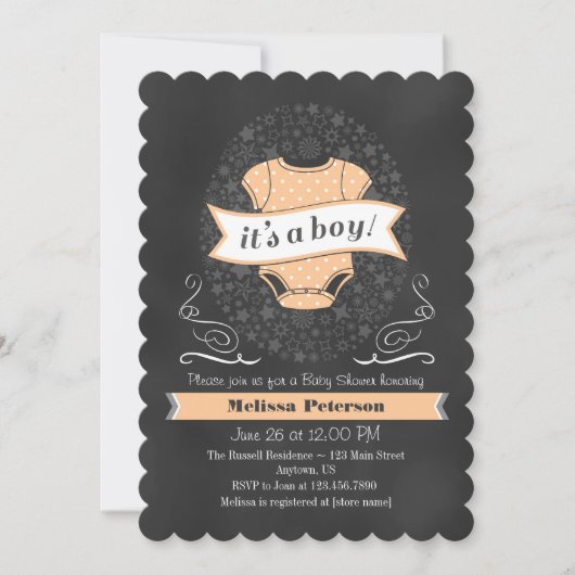 Peach Chalkboard Boy Baby shower Invite Kaart (Voorkant)