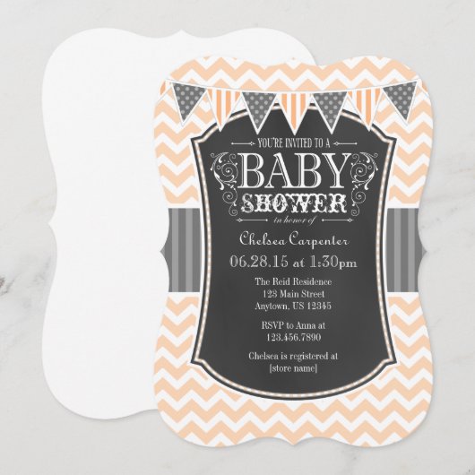 Peach Chalkboard Chevron Baby shower Invite Kaart (Voorkant / Achterkant)