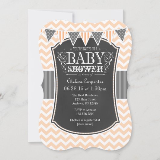 Peach Chalkboard Chevron Baby shower Invite Kaart (Voorkant)