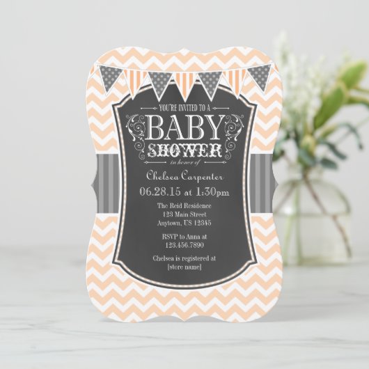 Peach Chalkboard Chevron Baby shower Invite Kaart (Staand voorkant)