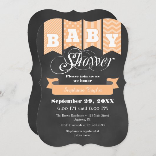 Peach Chalkboard Flag Baby shower Invite Kaart (Voorkant / Achterkant)