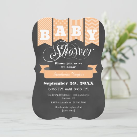 Peach Chalkboard Flag Baby shower Invite Kaart (Staand voorkant)
