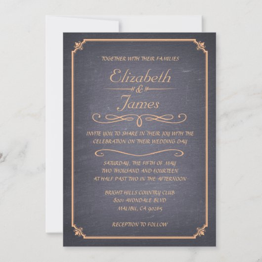 Peach Chalkboard Wedding Invitations Kaart (Voorkant)
