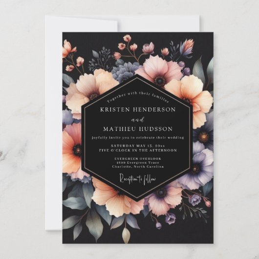 Peach Charcoal Dramatic Bloom Wedding Kaart (Voorkant)