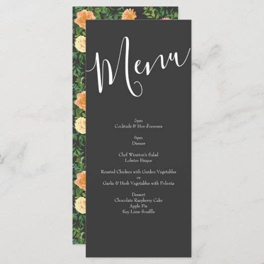 Peach Charcoal Gray Peony Roos Wedding Menu (Voorkant / Achterkant)