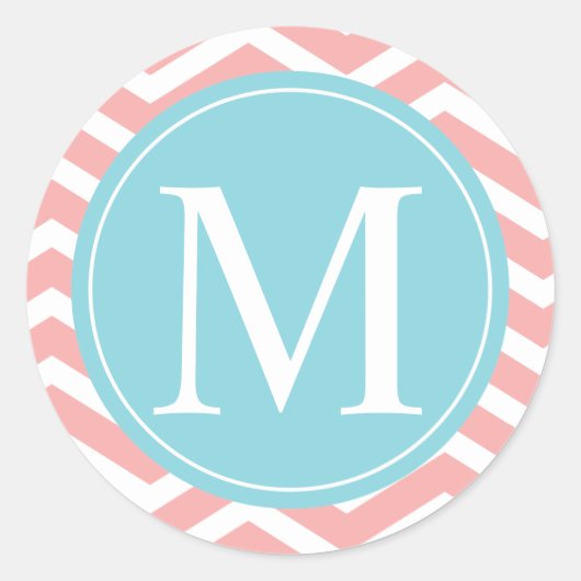Peach Chevron Blue Monogram Ronde Sticker (Voorkant)