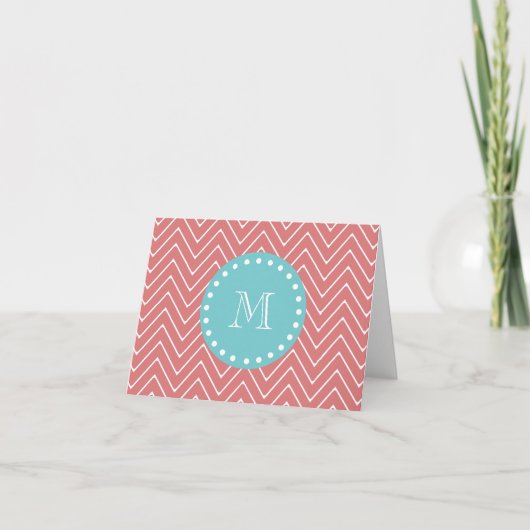 Peach Chevron Pattern | Blauwgroen monogram Notitiekaartje (Voorkant)