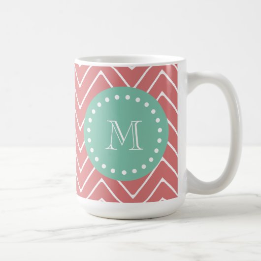 Peach Chevron Pattern | Munt Green Monogram Koffiemok (Rechts)
