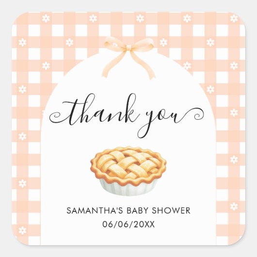 Peach Coquette Pie Baby Shower Thank You Vierkante Sticker (Voorkant)