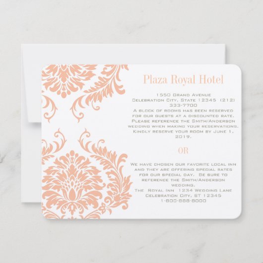 Peach Coral and Mushroom Damask Wedding Invitation Kaart (Voorkant)
