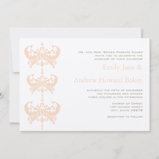 Peach Coral and Mushroom Damask Wedding Invitation Kaart (Voorkant)