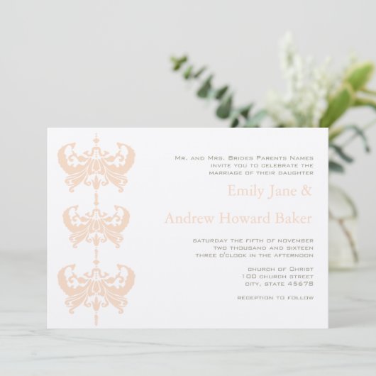 Peach Coral and Mushroom Damask Wedding Invitation Kaart (Staand voorkant)
