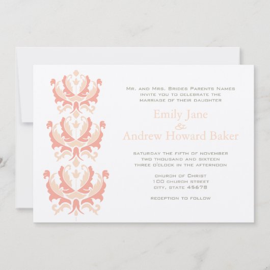 Peach Coral and Mushroom Damask Wedding Invitation Kaart (Voorkant)