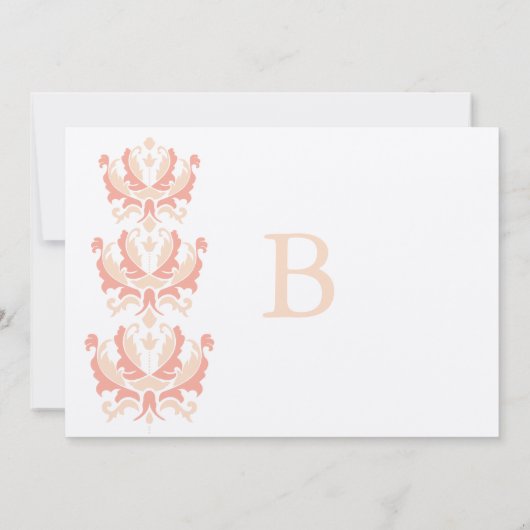 Peach Coral and Mushroom Damask Wedding Invitation Kaart (Achterkant)