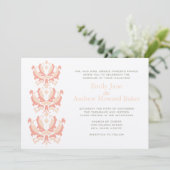 Peach Coral and Mushroom Damask Wedding Invitation Kaart (Staand voorkant)