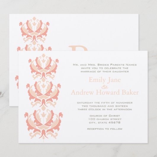 Peach Coral and Mushroom Damask Wedding Invitation Kaart (Voorkant / Achterkant)