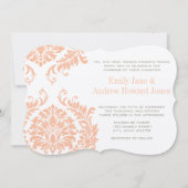 Peach Coral and Mushroom Damask Wedding Invitation Kaart (Voorkant)