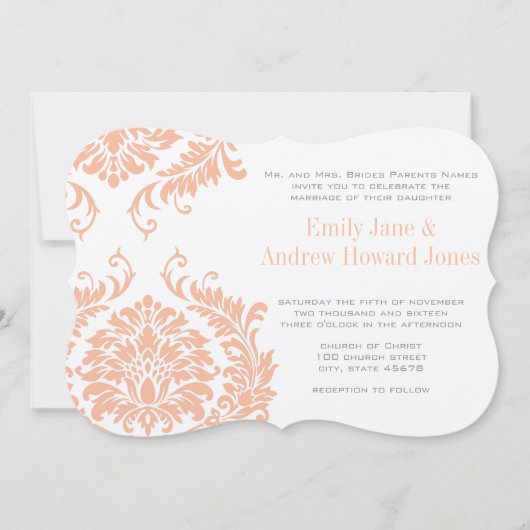 Peach Coral and Mushroom Damask Wedding Invitation Kaart (Voorkant)