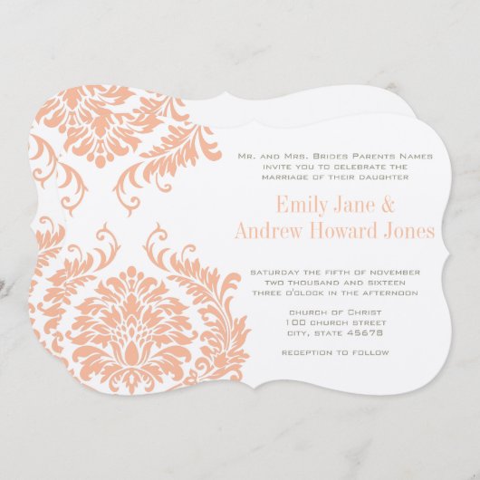 Peach Coral and Mushroom Damask Wedding Invitation Kaart (Voorkant / Achterkant)