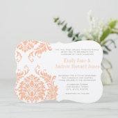 Peach Coral and Mushroom Damask Wedding Invitation Kaart (Staand voorkant)