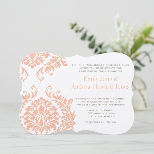 Peach Coral and Mushroom Damask Wedding Invitation Kaart (Staand voorkant)